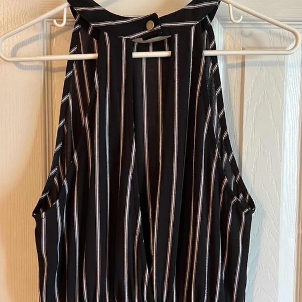 Paper Crane Anthropologie Black and White Striped High Neck Open Back Mini Dress